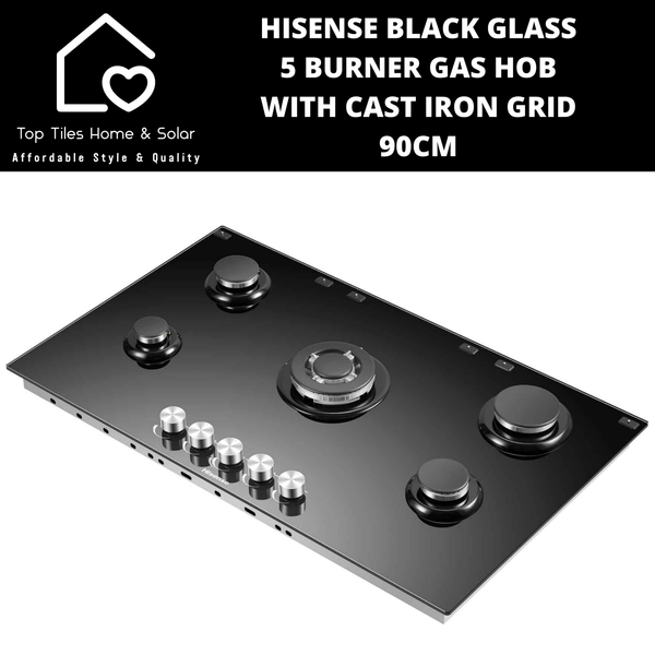 Hisense Black Glass 5 Burner Gas Hob with Cast Iron Grid - 90cm