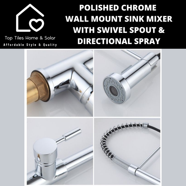 Polished Chrome Wall Mount Sink Mixer with Swivel Spout & Directional Spray