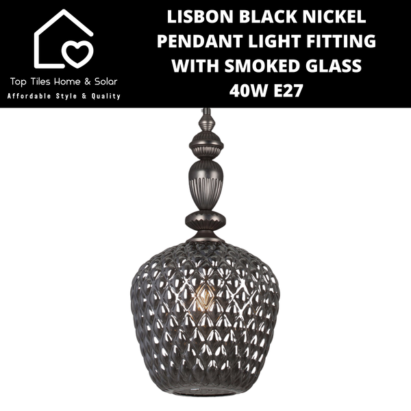Lisbon Black Nickel Pendant Light Fitting with Smoked Glass - 40W E27