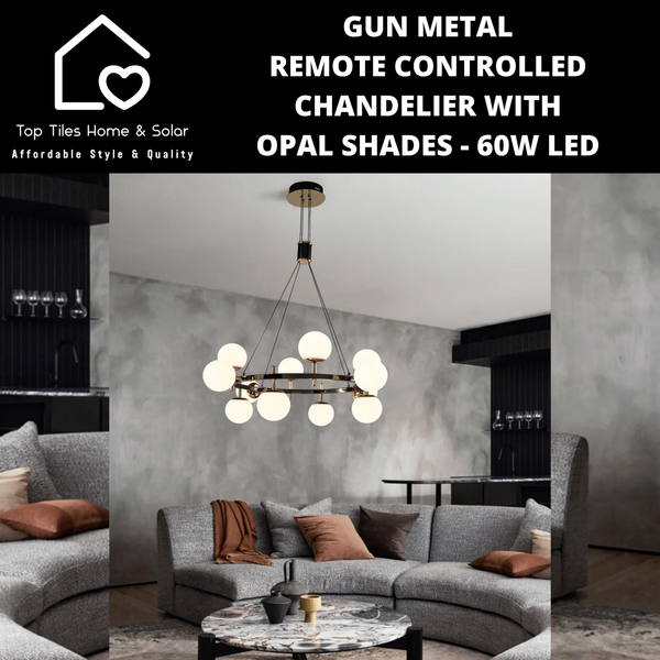 Gun Metal Remote Controlled Chandelier with Opal Shades - 60W LED