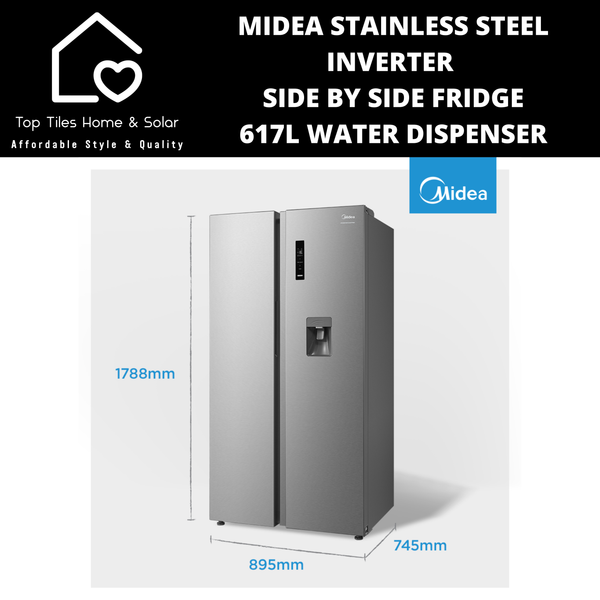 Midea Stainless Steel Inverter Side by Side Fridge - 617L Water Dispenser