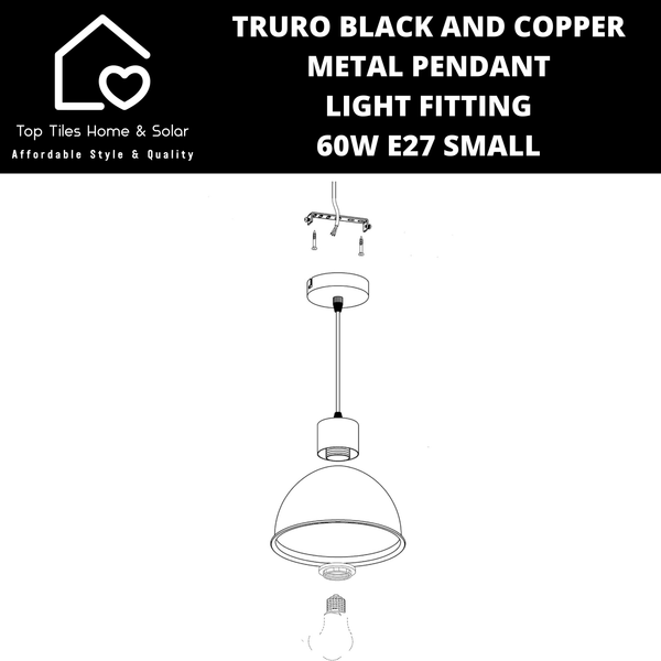 Truro Black and Copper Metal Pendant Light Fitting - 60W E27 Small