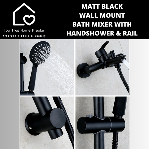 Matt Black Wall Mount Bath Mixer With Handshower & Rail