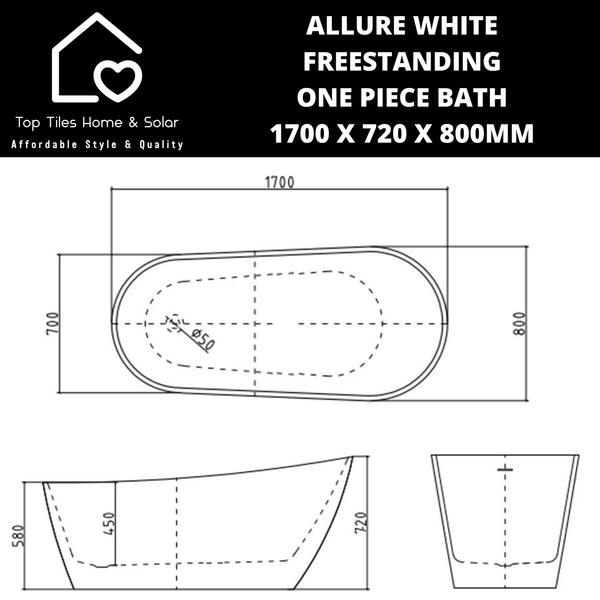 Allure White Freestanding One Piece Bath - 1700 x 720 x 800mm