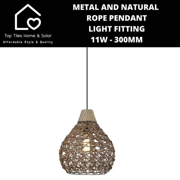 Metal and Natural Rope Pendant Light Fitting - 11W - 300mm