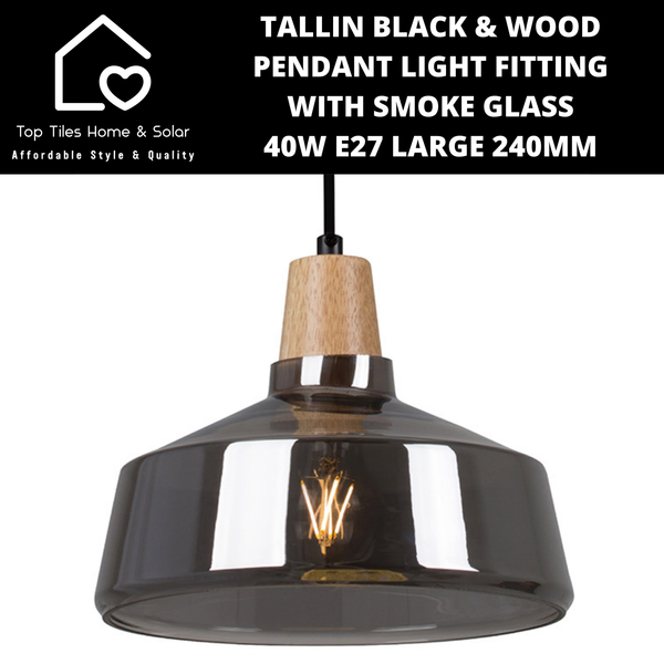Tallin Black Wood Pendant Light Fitting with Smoke Glass - 40W E27 240mm