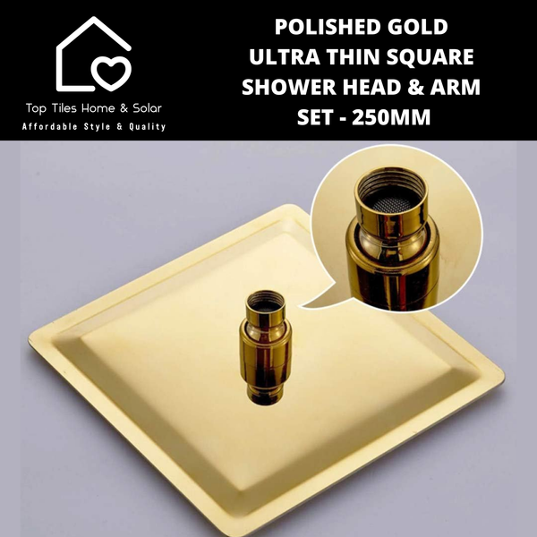 Polished Gold Ultra Thin Square Shower Head & Arm Set - 250mm
