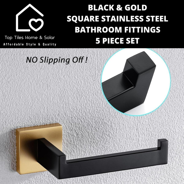 Black & Gold Square Stainless Steel Bathroom Fittings - 5 Piece Set