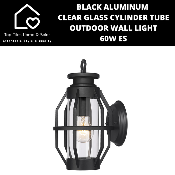 Black Aluminum & Clear Glass Cylinder Tube Outdoor Wall Light - 60W ES