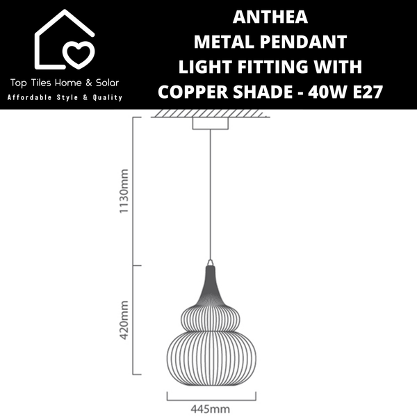 Anthea Metal Pendant Light Fitting with Copper Shade - 40W E27