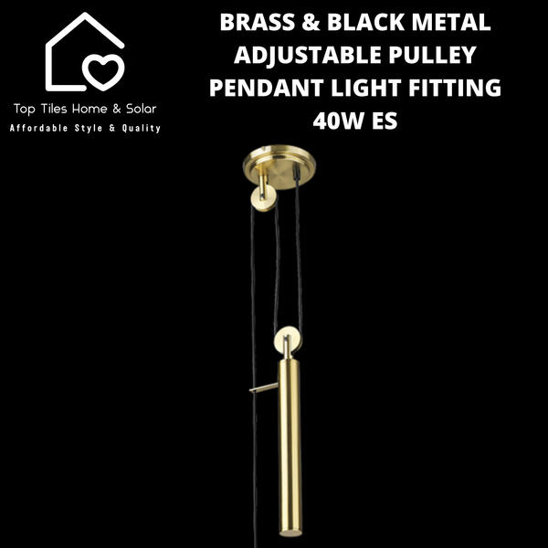 Brass & Black Metal Adjustable Pulley Pendant Light Fitting - 40W ES
