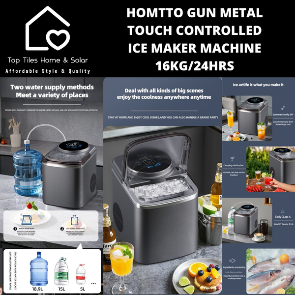 Homtto Gun Metal Touch Control Ice Maker Machine - 16kg/24Hrs