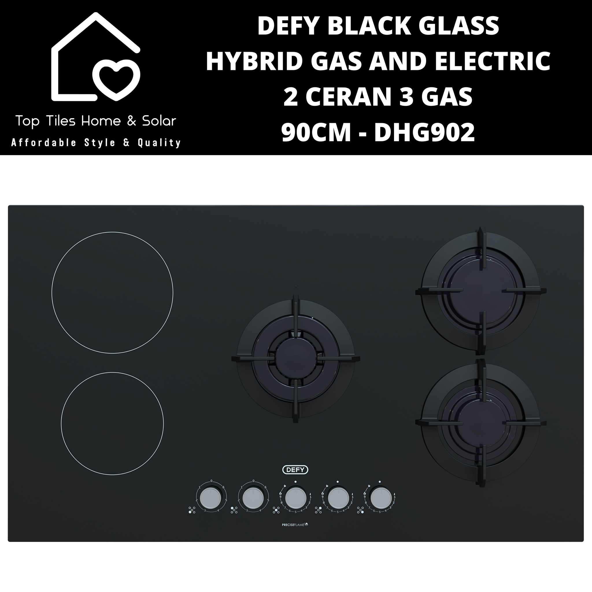 Defy Black Glass 2 Ceran + 3 Gas Hybrid Hob - 90cm DHG902