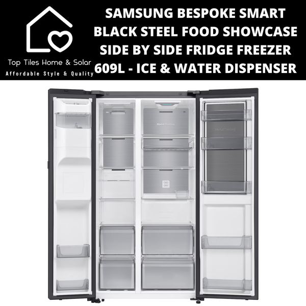Samsung 3 Door Smart Black Steel Food Showcase Side by Side Fridge Freezer - 609L