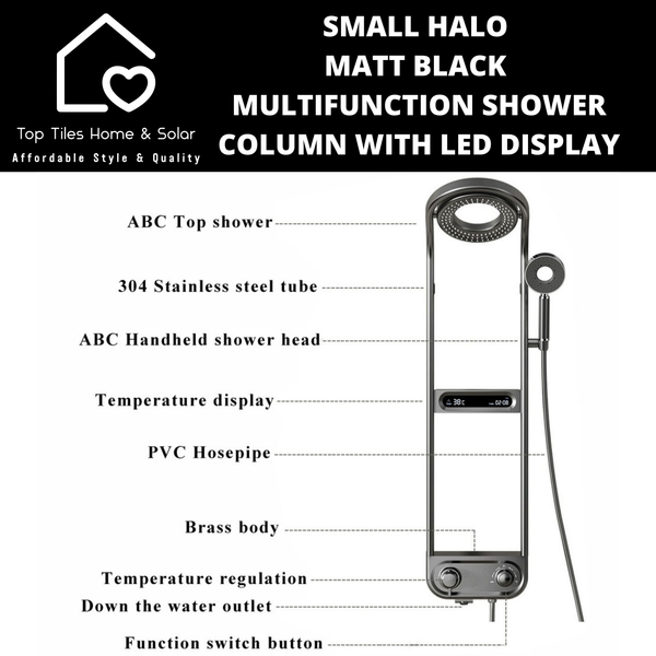 Small Halo Matt Black Multifunction Shower Column with LED Display