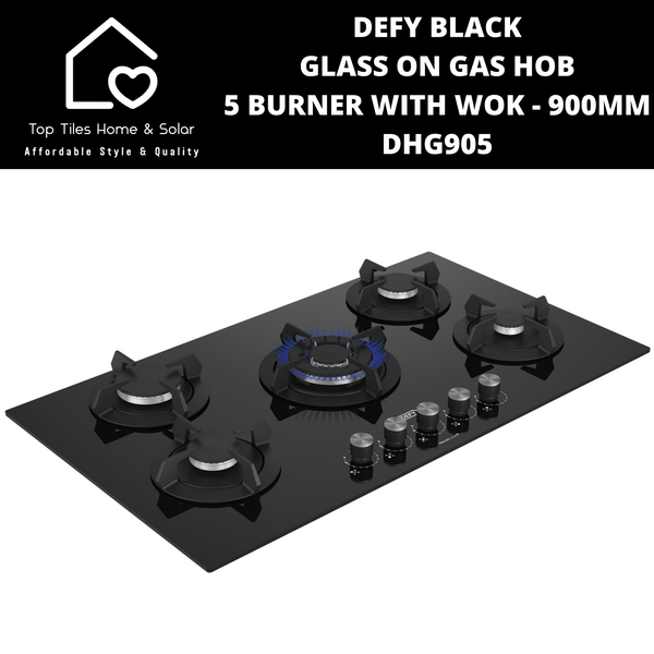 Defy Black Glass on Gas Hob 5 Burner With Wok - 900mm DHG905