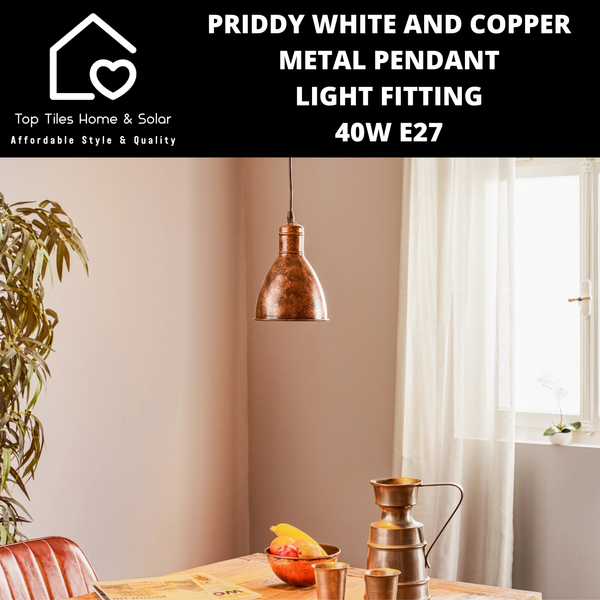 Priddy White and Copper Metal Pendant Light Fitting - 40W E27