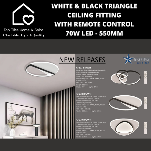 White & Black Triangle Ceiling Fitting with Remote Control - 70W LED - 550mm