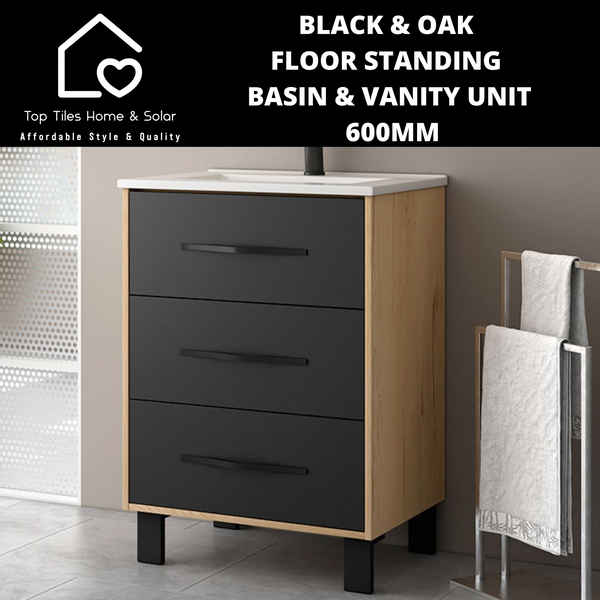 Black & Oak Floor Standing Vanity & White Basin -  600mm