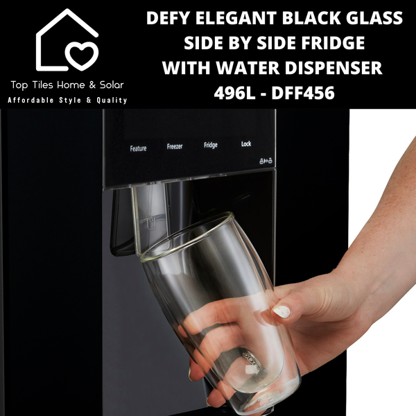 Defy Elegant Black Glass Side by Side Fridge - 496L Water Dispenser DFF456