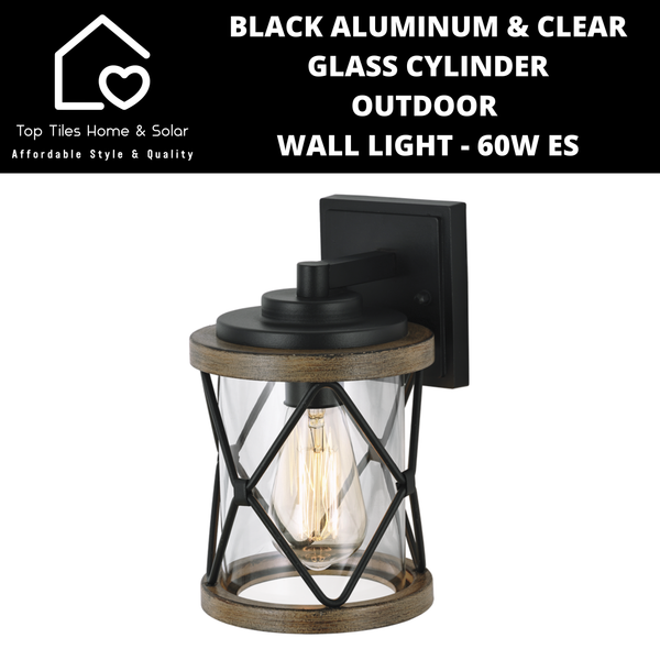 Black Aluminum & Clear Glass Cylinder Outdoor Wall Light - 60W ES