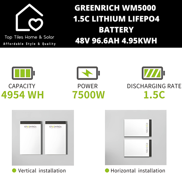 Greenrich WM5000 1.5C Lithium LiFePo4 Solar Battery - 48V 96.6Ah 4.95kWh