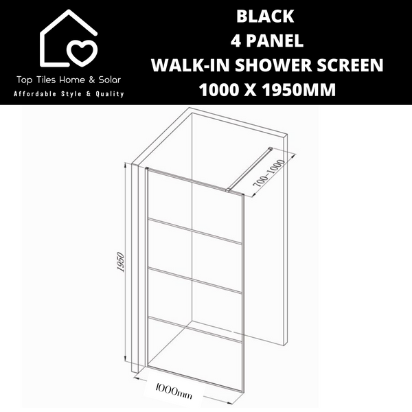 Black 4 Panel Walk-In Shower Screen - 1000 x 1950mm