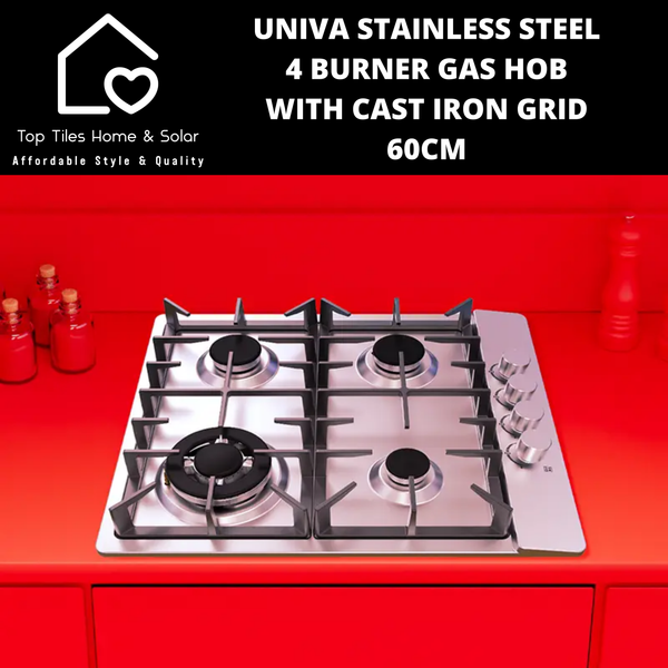 Univa Stainless Steel 4 Burner Gas Hob with Cast Iron Grid - 60cm
