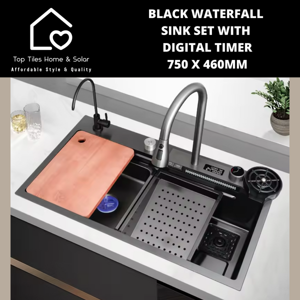 Black Stainless Steel Digital Waterfall Kitchen Sink Set - 750 x 460mm