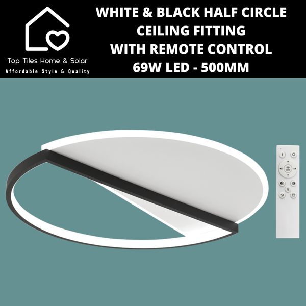 White & Black Half Circle Ceiling Fitting with Remote Control - 69W LED - 500mm