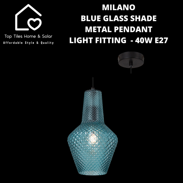 Milano Blue Glass Shade Metal Pendant Light Fitting  - 40W E27 Small