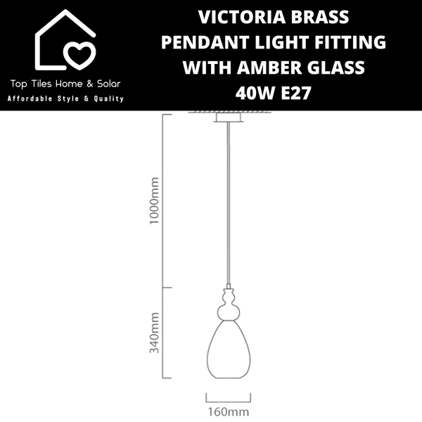 Victoria Brass Pendant Light Fitting with Amber Glass - 40W E27