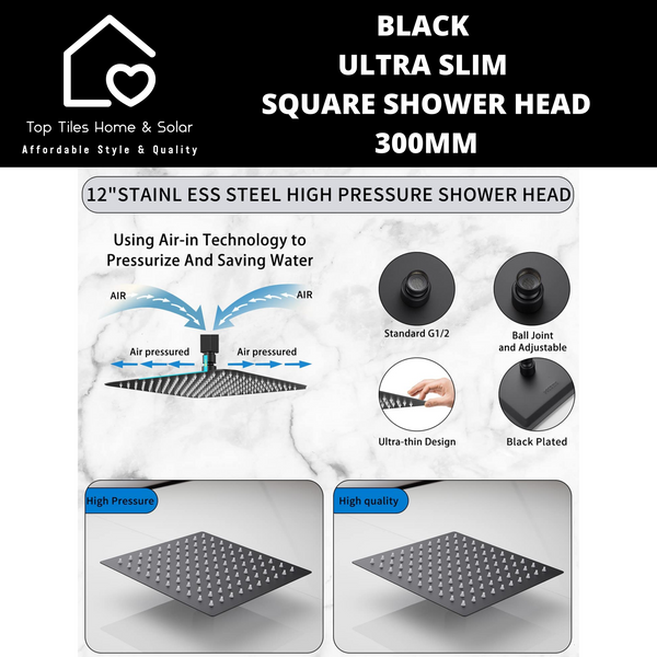 Black Ultra Slim Square Shower Head - 300mm
