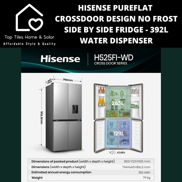 Hisense PureFlat CrossDoor Design No Frost Side by Side Fridge - 392L Water Dispenser