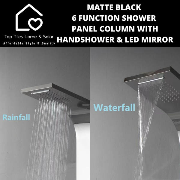 Matte Black 6 Function Shower Panel Column with Handshower & LED Mirror