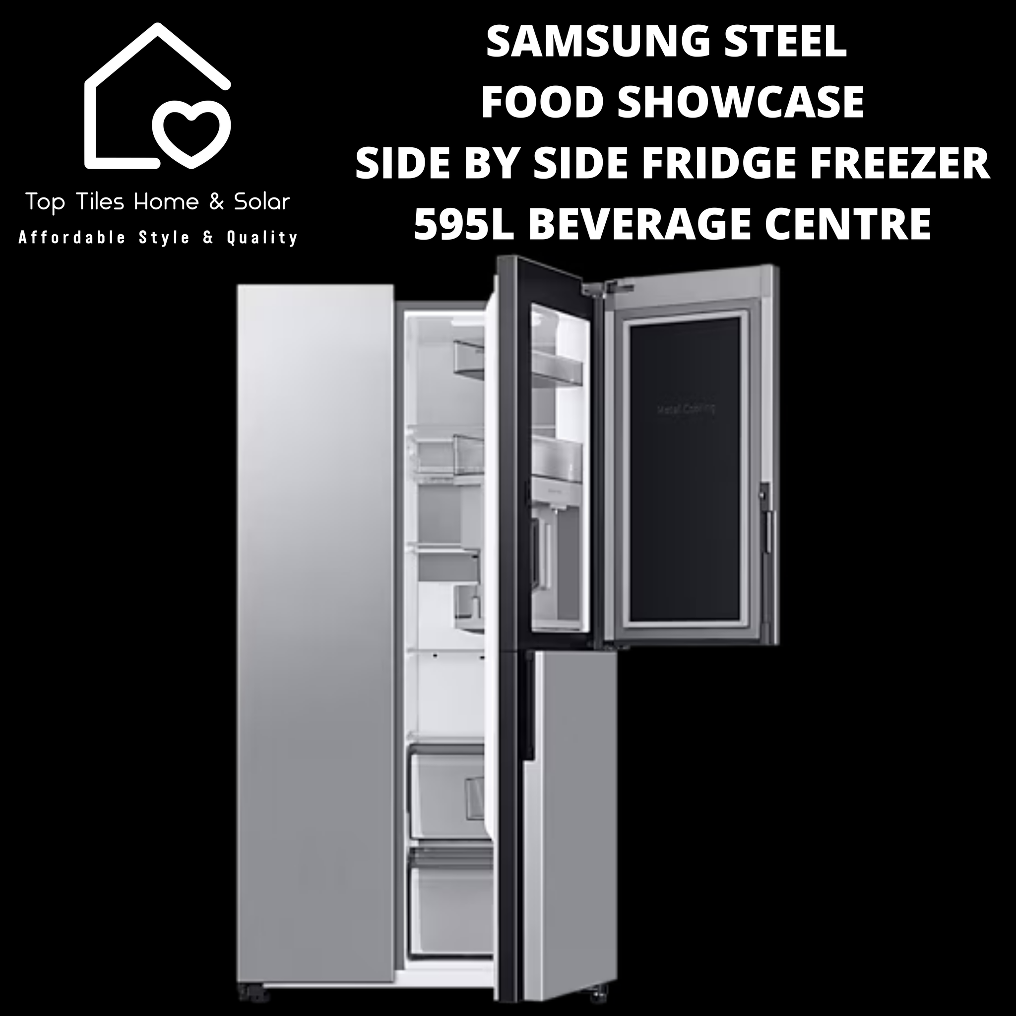 Samsung Steel Food Showcase Side by Side Fridge Freezer - 595L Beverage Centre