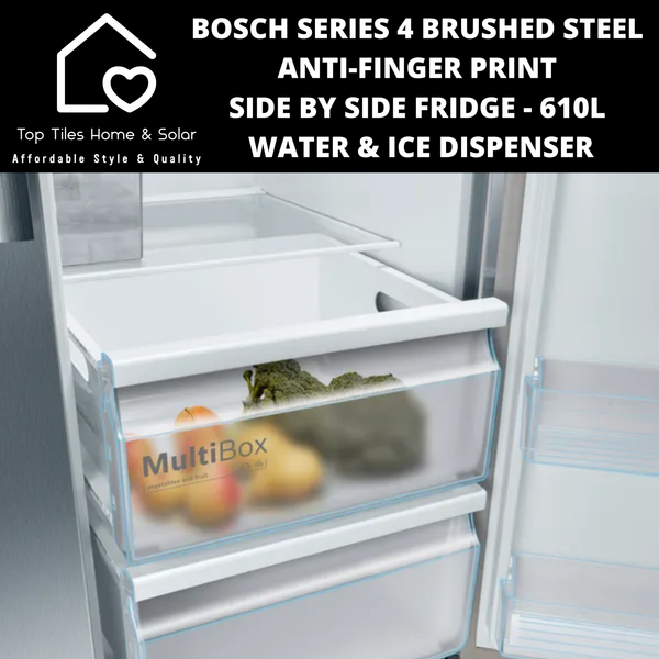 Bosch Series 4 - Anti-Finger Print Brushed Steel Side by Side Fridge - 610L Water & Ice Dispenser