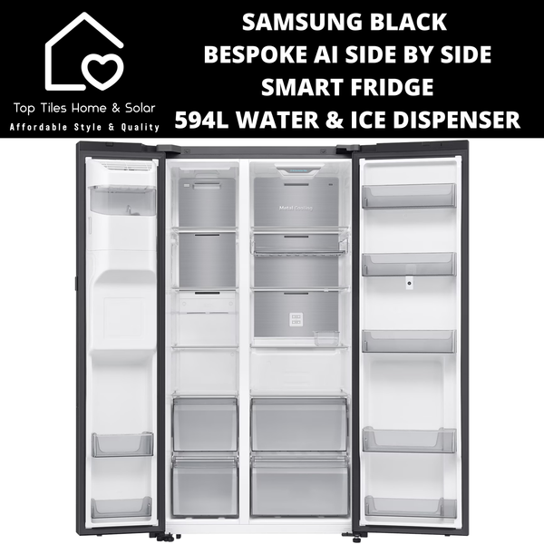 Samsung Black Bespoke AI Side by Side Smart Fridge - 594L Water & Ice Dispenser