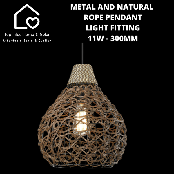 Metal and Natural Rope Pendant Light Fitting - 11W - 300mm