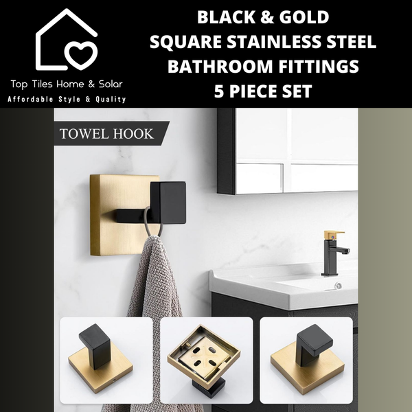 Black & Gold Square Stainless Steel Bathroom Fittings - 5 Piece Set