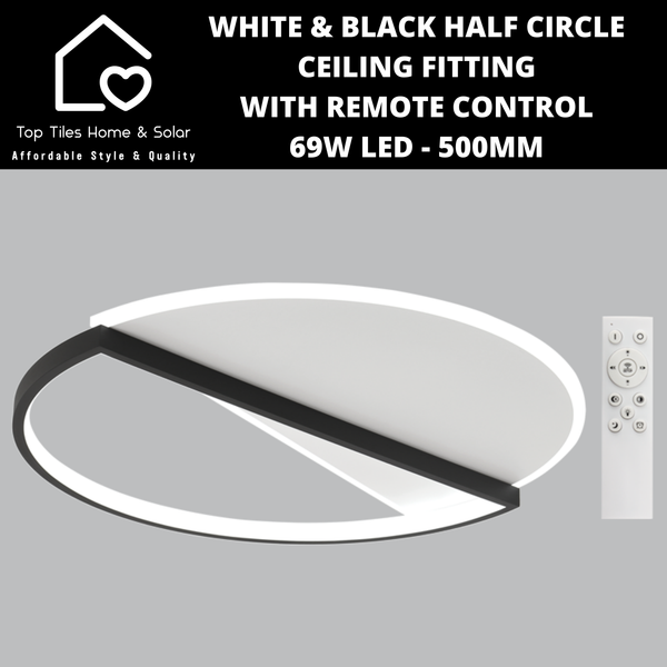White & Black Half Circle Ceiling Fitting with Remote Control - 69W LED - 500mm