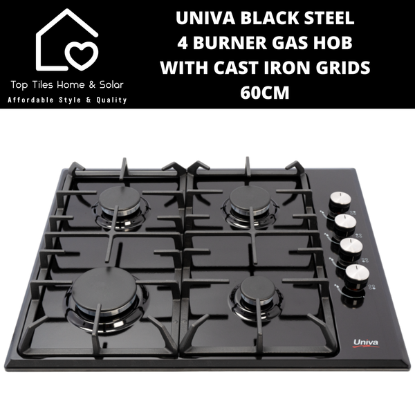 Univa Black Steel 4 Burner Gas Hob with Cast Iron Grids - 60cm