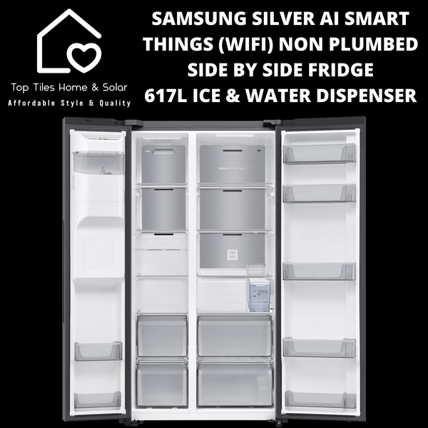 Samsung Silver Ai Smart Things (Wifi) Non Plumbed Side by Side Fridge - 617L Ice & Water Dispenser