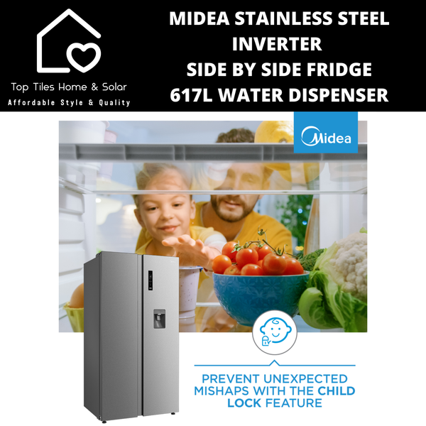 Midea Stainless Steel Inverter Side by Side Fridge - 617L Water Dispenser