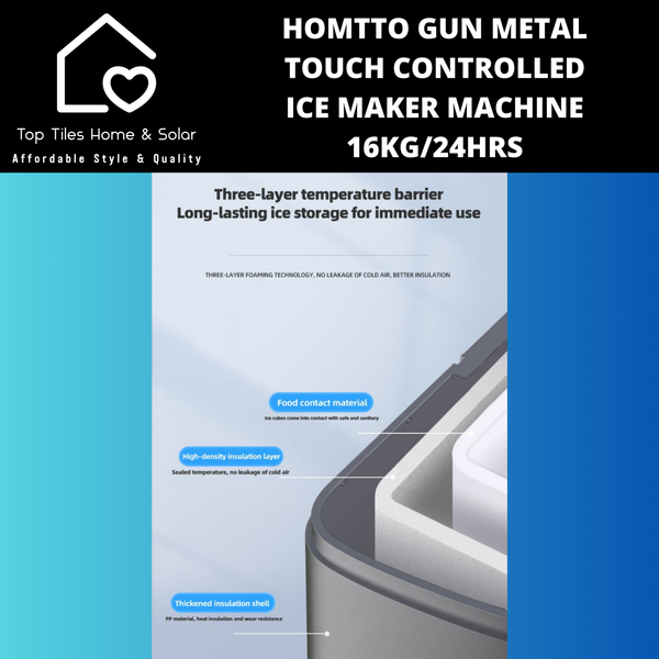 Homtto Gun Metal Touch Control Ice Maker Machine - 16kg/24Hrs