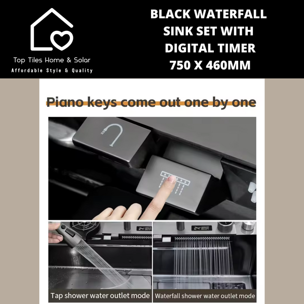Black Stainless Steel Digital Waterfall Kitchen Sink Set - 750 x 460mm