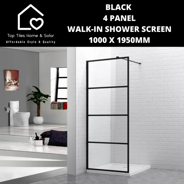 Black 4 Panel Walk-In Shower Screen - 1000 x 1950mm