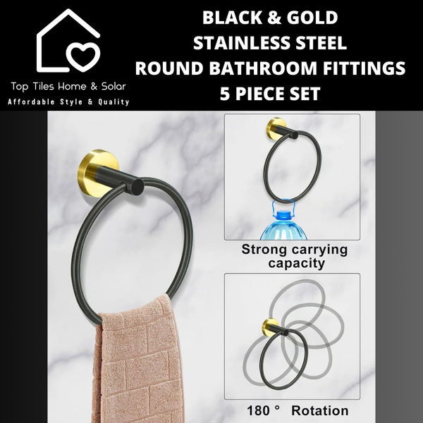 Black & Gold Stainless Steel Round Bathroom Fittings - 5 Piece Set