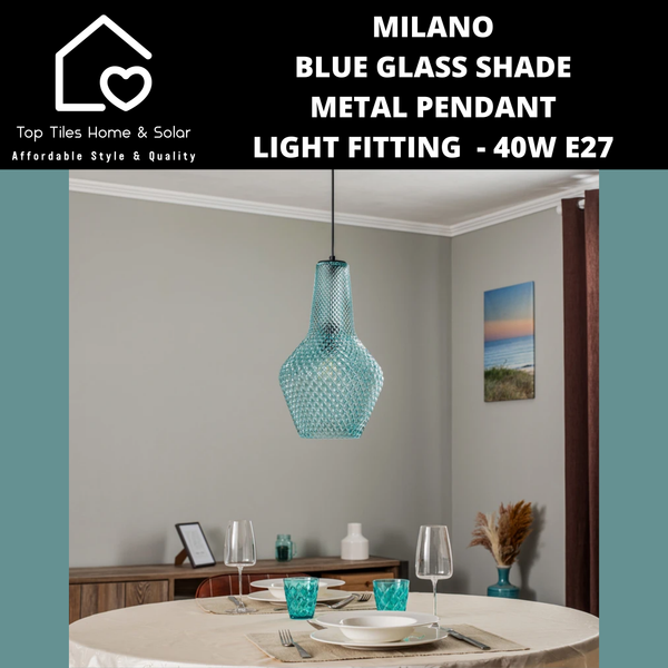 Milano Blue Glass Shade Metal Pendant Light Fitting  - 40W E27 Small