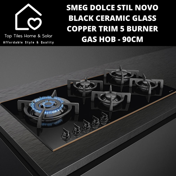 Smeg Dolce Stil Novo Black Ceramic Glass Copper Trim 5 Burner Gas Hob - 90cm